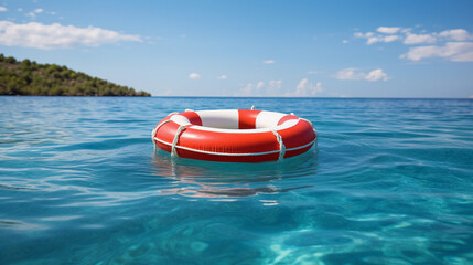 A Red and White Life Preserver Floating on Calm Blue Water, Ensuring Peaceful Serenity