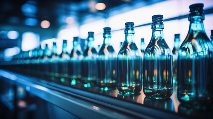 A Row of Empty Glass Bottles on a Conveyor Belt in a Bar, Awaiting the Alchemical Transformation