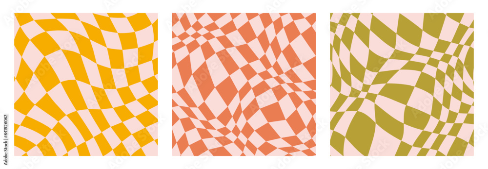 Poster groovy checkerboard background set. retro wavy checkered pattern collection. vintage psychedelic dis