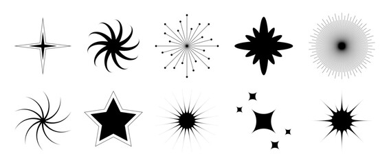 Various blinks and twinkles set. Retro bling stars collection. Abstract black starburst shine effect pack. Design elements for poster, banner, logo, card, icon, label, collage. Vector bundle