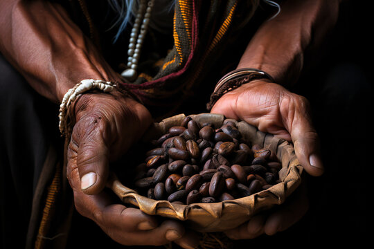 Close up of an old man's hands holding roasted coffee beans