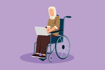 Cartoon flat style drawing disabled Arab woman working on laptop. Wheelchair, idea, computer. Freelance, disability. Online job startup. Physical disability society. Graphic design vector illustration - obrazy, fototapety, plakaty