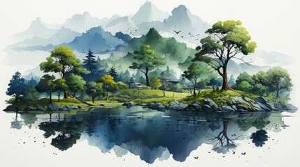 Tranquil Beauty: Captivating Views of Nature's Serene Wonders Amidst Lush Greenery, Majestic Mountains, and Enchanting Water Bodies, generative AI