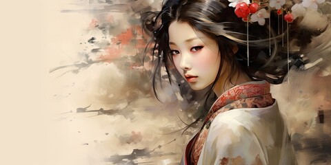 illustration of a Japanese girl in a Japanese dress, generative AI - obrazy, fototapety, plakaty