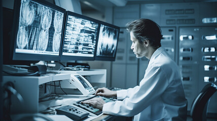 病院でMRI・CT・レントゲンなどの画像処理で病気をモニターで発見する医師（人間ドック・健康診断）
 - obrazy, fototapety, plakaty