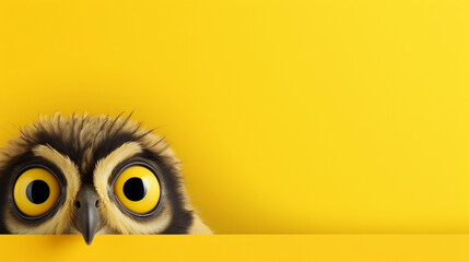 A Surprised Owl Peeking Out on a Yellow Background, Banner of Whimsical Wonder