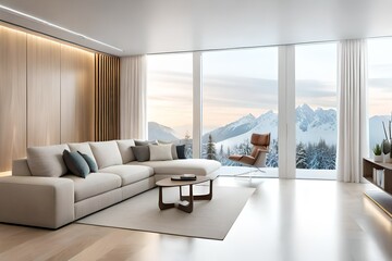 White living room interior with sofa and winter landscape in the window. Scandinavian house design. 3D illustration