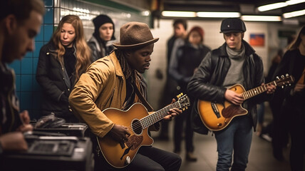 ギターを弾いて弾き語りするストリートミュージシャン・歌手の黒人男性（地下鉄）
