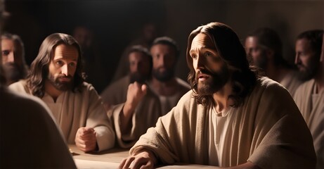 group of people with jesus christ - obrazy, fototapety, plakaty