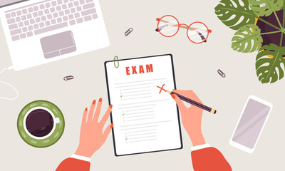 Female teacher checking answer sheet after exam. Top view workplace. School and college education concept. Vector illustration in flat cartoon style.