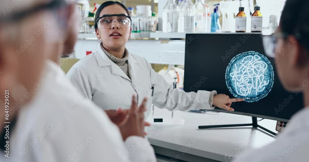 Poster science, computer and team of scientists with bacteria in laboratory for study, research or experime