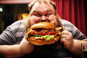 Funny fat  man eating a huge burger. Generative AI