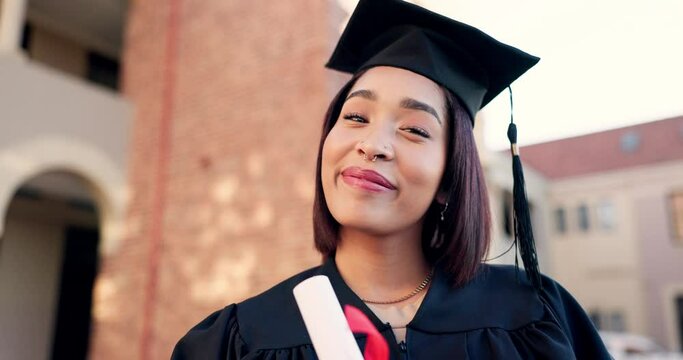 Graduate, face and woman laughing with diploma, certificate and school achievement paper outdoor. Happy, smile and award with class pride at university, academy or college event with student success
