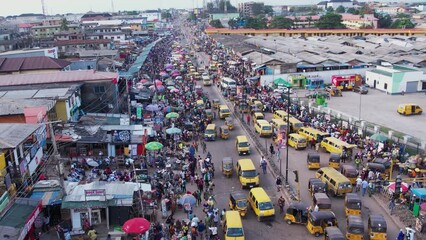 Drone shot of  Busy street heavy traffic,Africa congestion and  busy road in Nigeria Africa