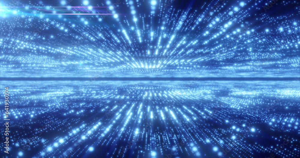Poster abstract blue energy hi-tech lines and digital particles fly in a tunnel with bokeh effect glowing b