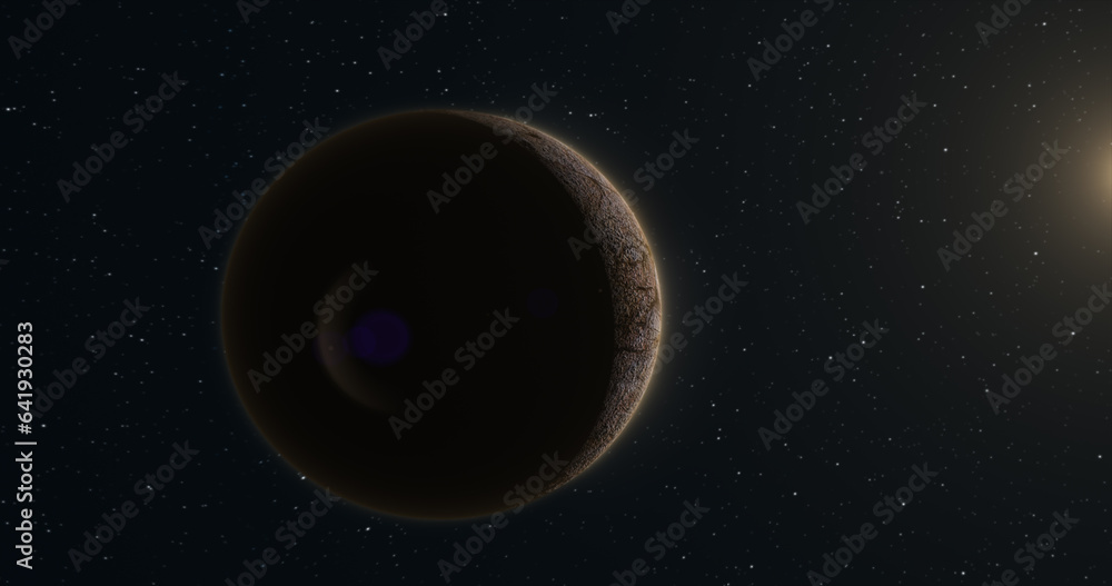 Poster abstract realistic space spinning planet round sphere with a relief stone surface in space against t
