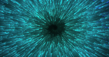 Abstract green energy magical glowing spiral swirl tunnel particle background with bokeh effect