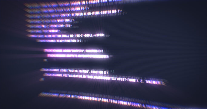 Typing a digital code by a programmer in a programming language, luminous letters and numbers. Making computer programs purple background