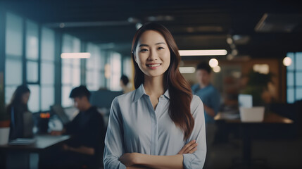 Happy asian confident positive female entrepreneur standing in office arms crossed