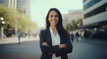 Happy confident positive female entrepreneur standing outdoor on street arms crossed