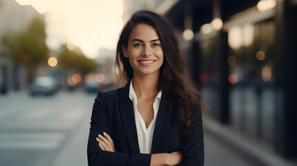 Happy confident positive female entrepreneur standing outdoor on street arms crossed