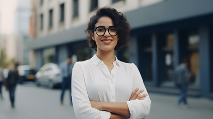 Happy confident positive female entrepreneur standing outdoor on street arms crossed