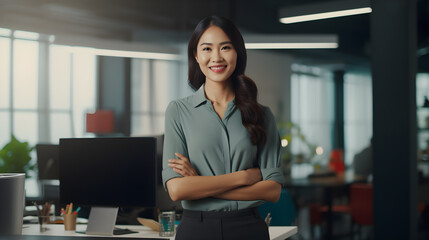 happy asian confident positive female entrepreneur standing in office arms crossed