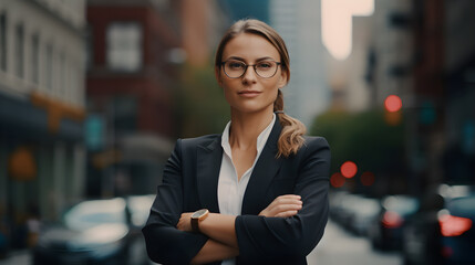 Happy confident positive female entrepreneur standing outdoor on street arms crossed