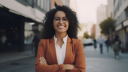 Happy confident positive female entrepreneur standing outdoor on street arms crossed