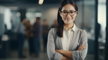 happy asian confident positive female entrepreneur standing in office arms crossed