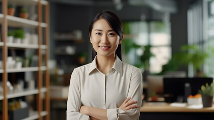 happy asian confident positive female entrepreneur standing in office arms crossed