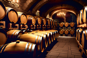 wine cellar with barrels generative ai