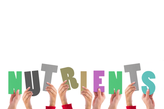 Digital png illustration of diverse hands holding nutrients text on transparent background - Powered by Adobe