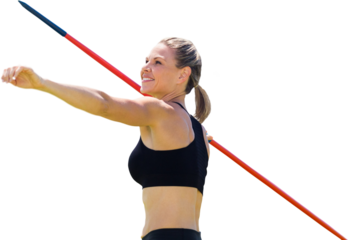 Digital png photo of caucasian female athlete throwing javelin on transparent background
