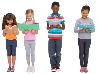 Digital png photo of diverse schoolchildren reading books on transparent background