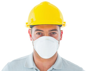 Fototapeta na wymiar Digital png photo of caucasian man wearing face mask with helmet on transparent background