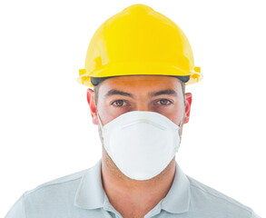 Digital png photo of caucasian man wearing face mask with helmet on transparent background