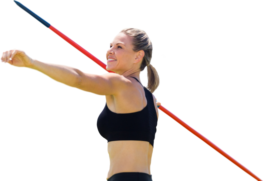 Digital png photo of caucasian female athlete throwing javelin on transparent background