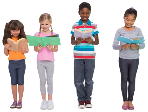 Digital png photo of diverse schoolchildren reading books on transparent background