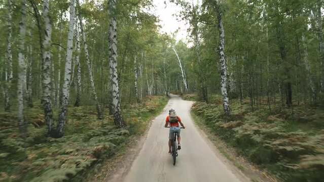 A tourist cyclist in a helmet with a backpack walks along the road in a picturesque forest on a mountain bike. Shooting from a drone from the back