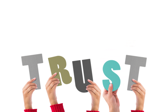 Digital png illustration of hands with trust text on transparent background
