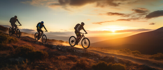 Three friends on electric bicycles enjoying a scenic ride through beautiful mountains