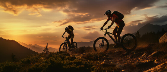 Obraz premium Two friends on electric bicycles enjoying a scenic ride through beautiful mountains