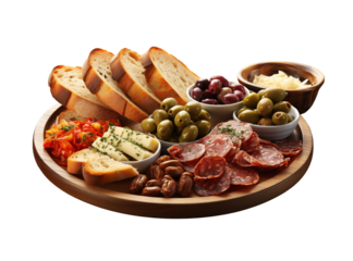 Platter of tapas and olives, isolated on white or transparent background.