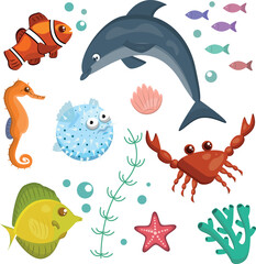 Set of sea animals