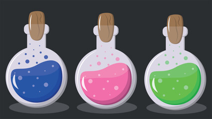Potions vector set, magic potion, witch attributes, halloween, magic