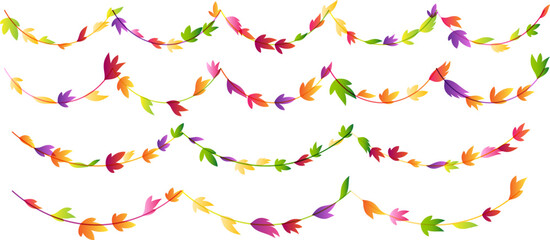 Garland from horizontal wavy plants with colorful autumn leaves. Simplistic foliage border. Vector isolated decoration element.