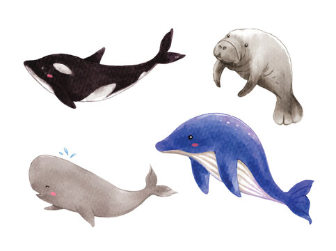 Set of marine life. sea animals watercolor vector illustration