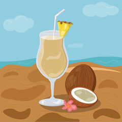 Vector pina colada in glass pineapple piece coconut tropical fruit drink vector illustration in cartoon