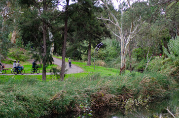 A view along the river bank of the River Torrens in Adelaide, South Australia